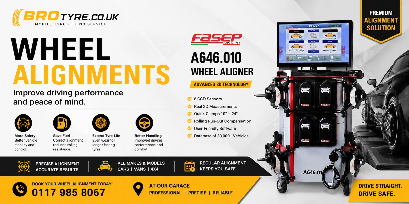 BROTYRE wheel alignment service in Bristol using FASEP A646.010 wheel aligner equipment