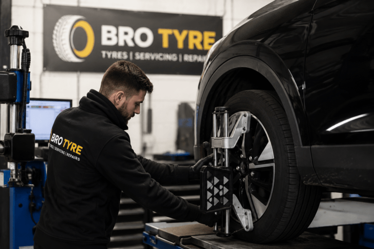 Bro Tyre technician carrying out wheel alignment in Bristol