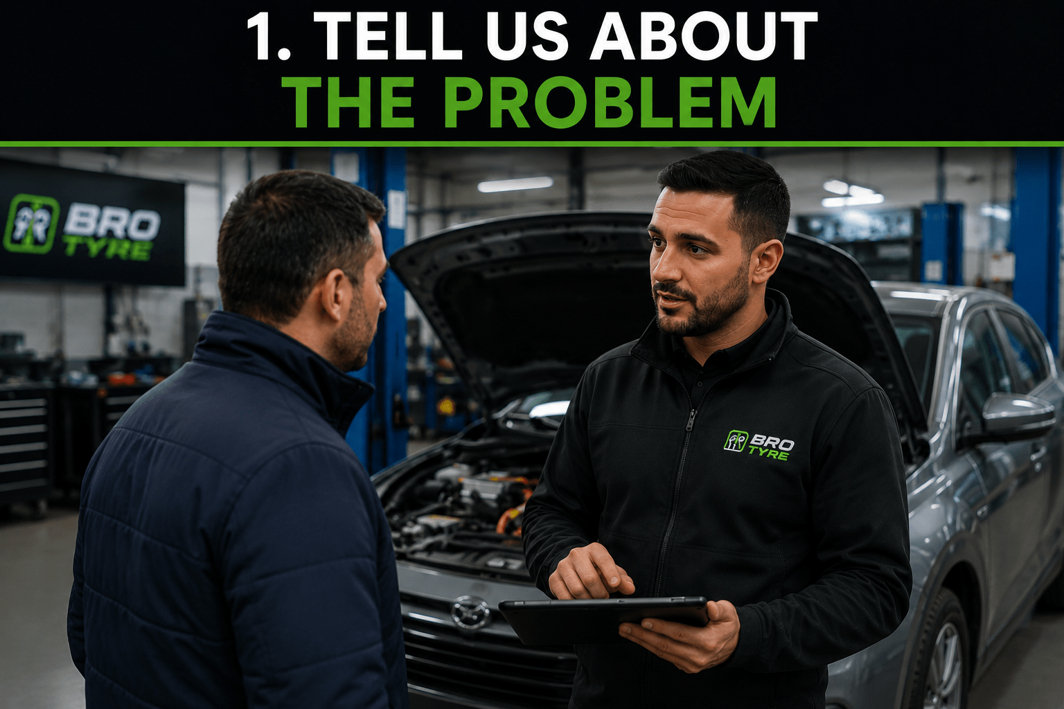 Bro Tyre technician discussing an electric vehicle problem with a customer