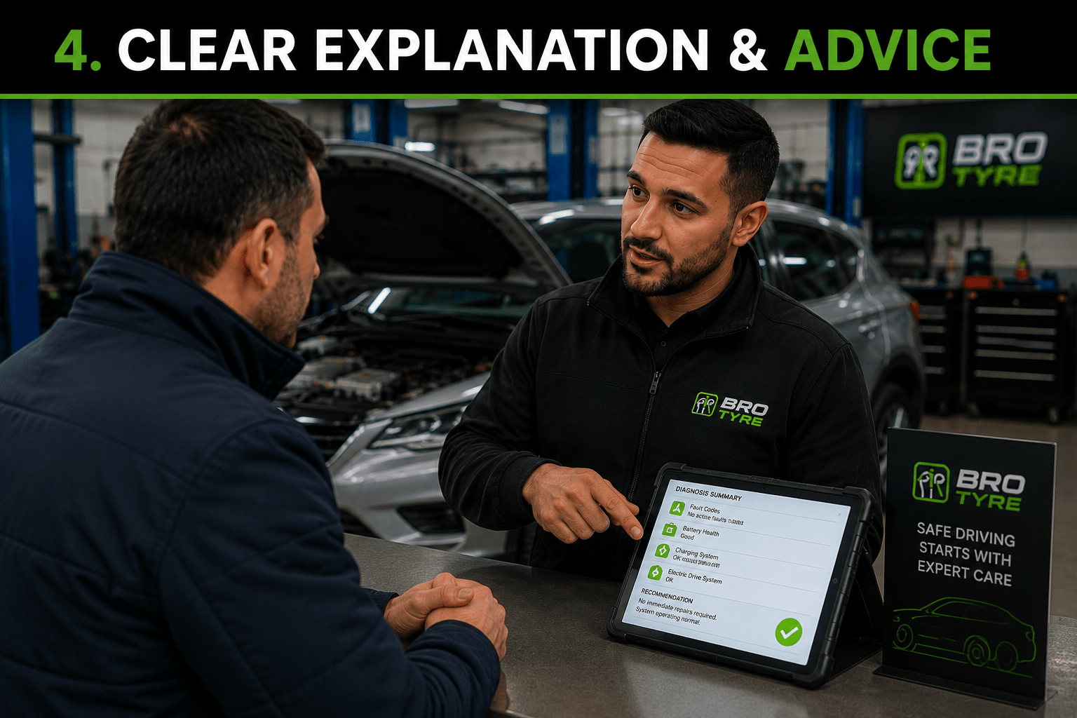 Bro Tyre technician explaining EV diagnostic results and repair advice to a customer