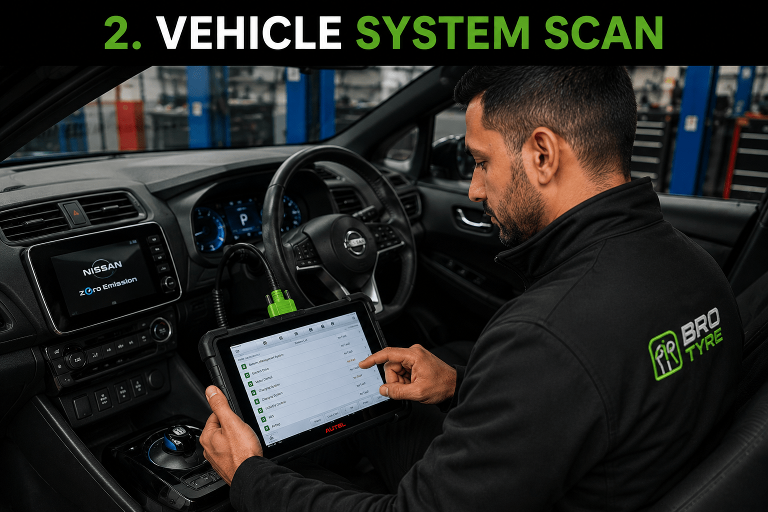 Bro Tyre technician performing an EV vehicle system scan with diagnostic equipment