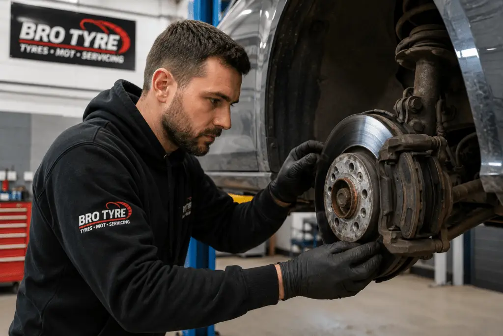 Technician carrying out brake repairs in Bristol at Bro Tyre