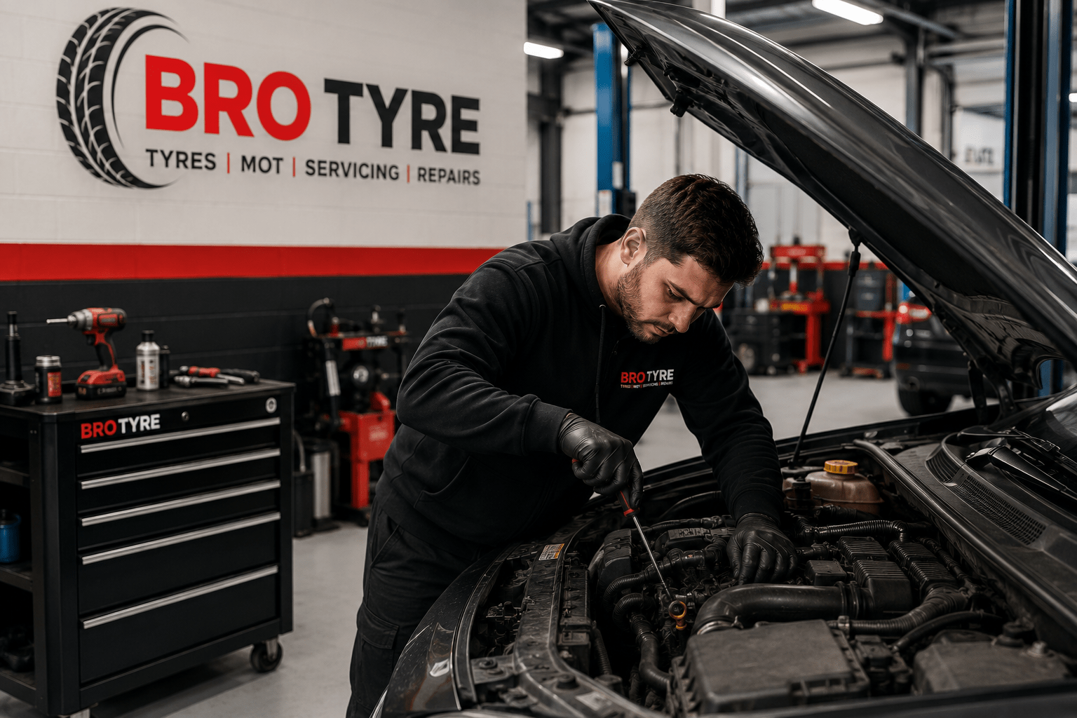 Bro Tyre mechanic repairing a car engine at a Bristol garage
