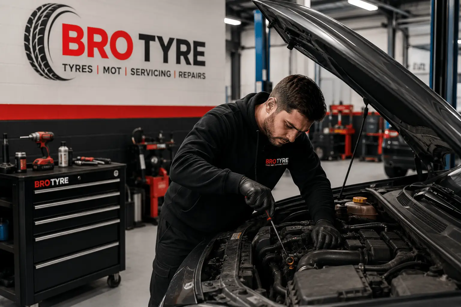 Bro Tyre mechanic repairing a car engine at a Bristol garage