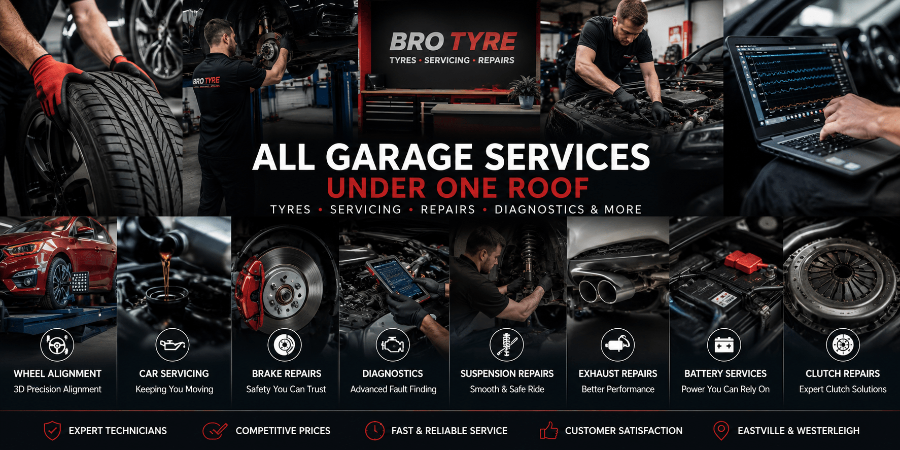 Bro Tyre garage services in Bristol including tyres, servicing, brake repairs, diagnostics, wheel alignment, suspension, exhaust, batteries and clutch repairs