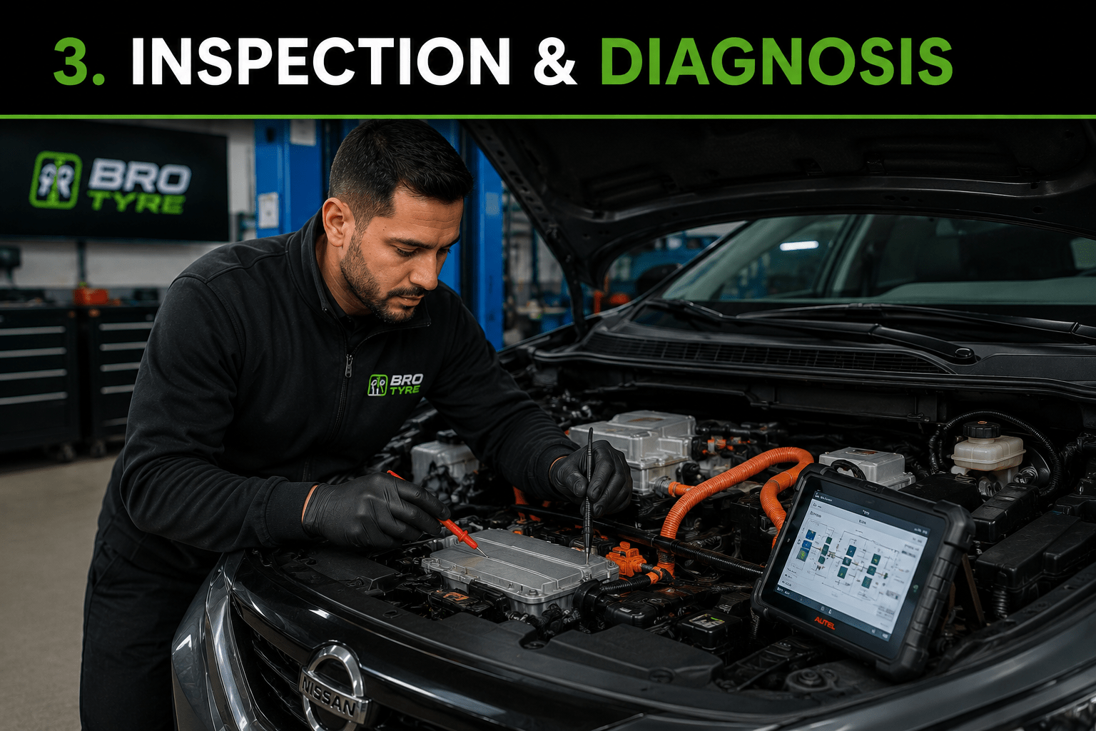 Bro Tyre technician inspecting an electric vehicle system with diagnostic equipment