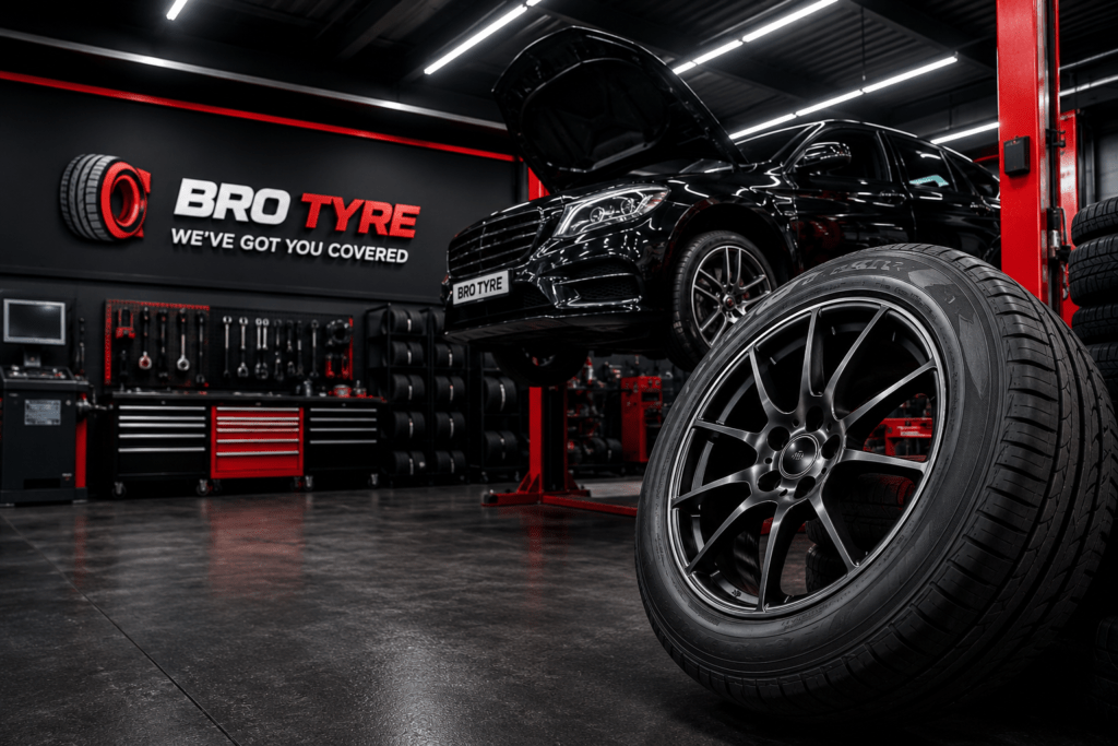 Bro Tyre Bristol garage with car on lift and tyre in workshop