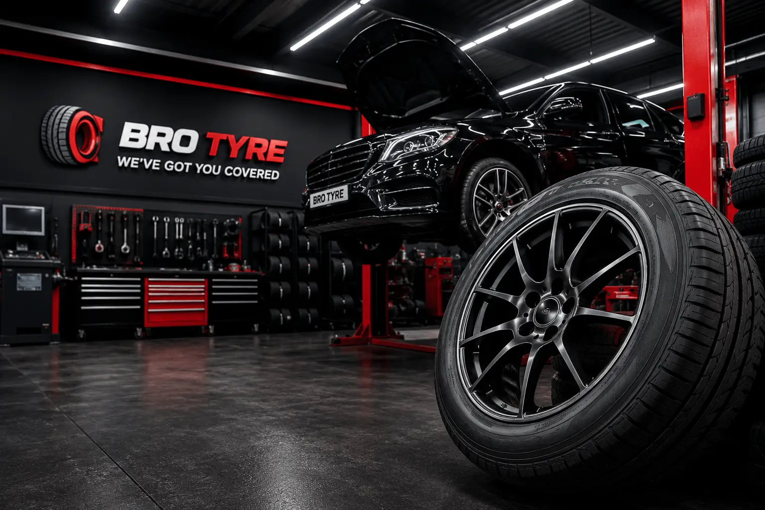 Bro Tyre branded illustration of a tyre and a car on a workshop lift