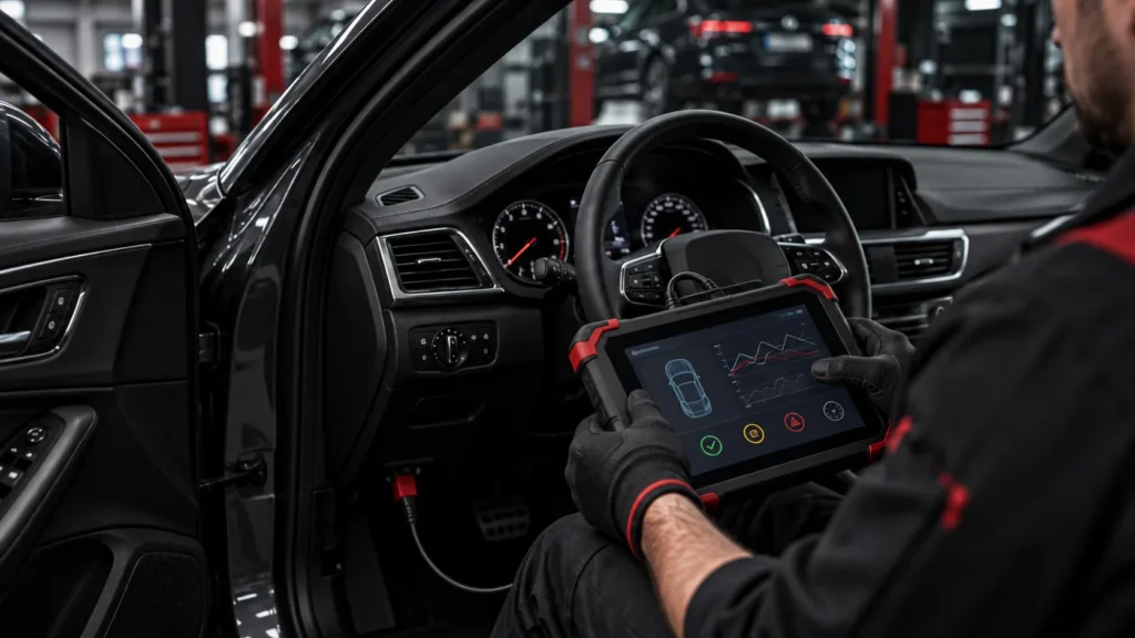 Mechanic using a diagnostic tablet connected to a car in a workshop.