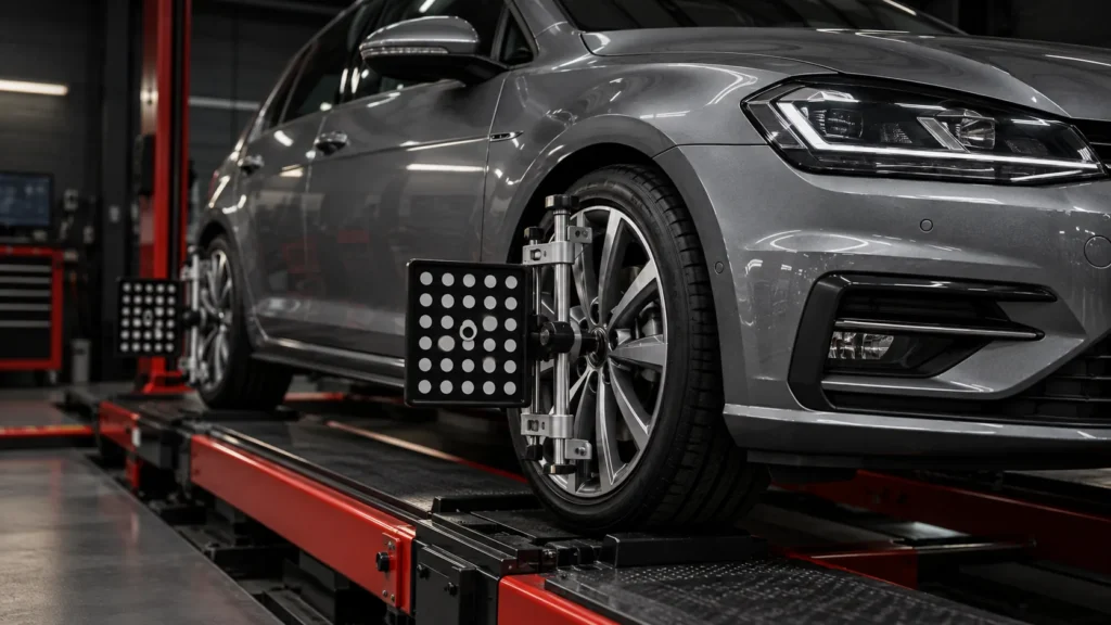 Silver car on an alignment ramp with wheel alignment targets attached to its wheels.