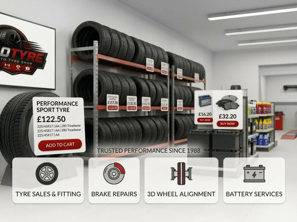 "Tyre shop showroom displaying performance sport tyres priced in pounds (£122.50), car batteries (£16.20), brake pads (£32.20), and auto services icons."