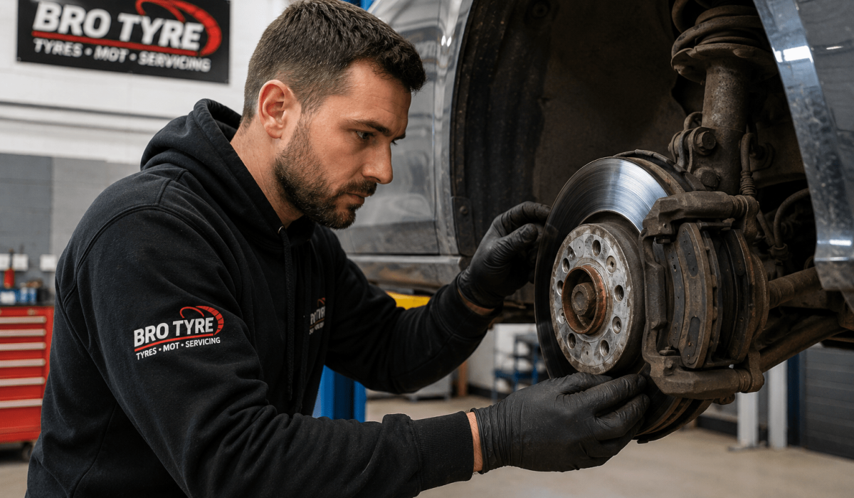 Technician carrying out brake repairs in Bristol at Bro Tyre